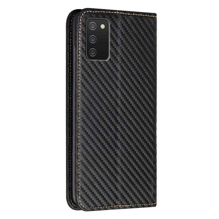 Flip Design Conception Auto-absorbed Carbone Fiber Texture Stand Portefeuille PU Couber Couvercle Couvrer Avec Sangle à Main Pour Samsung Galaxy A03s (164,2 x 75,9 x 9,1 Mm) - le Noir