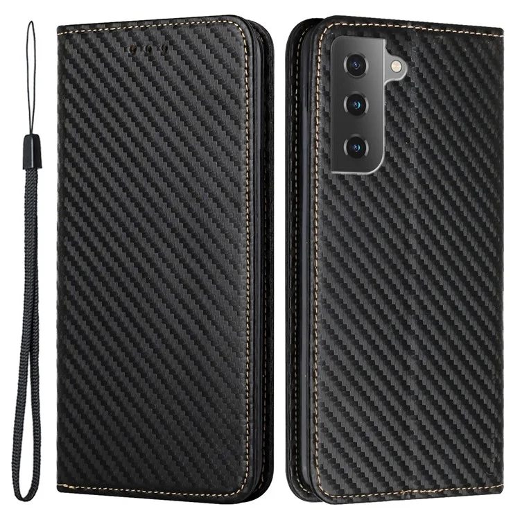 Pour Samsung Galaxy S22 5G Carbon Fiber Texture Stand Wallet Design Auto-absorbed Leather Case Cover avec Hand Strap - Noir