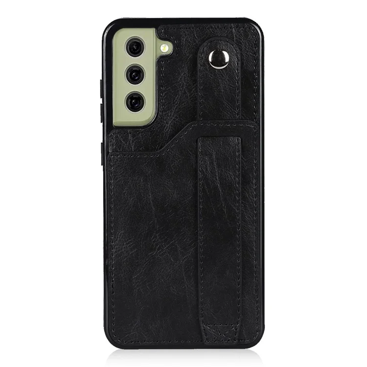 Hand Strap Kickstand RFID Blocking Function Anti-drop PU Leather Coated TPU Phone Case with Card Slot for Samsung Galaxy S21 FE 5G/S21 Fan Edition - Black