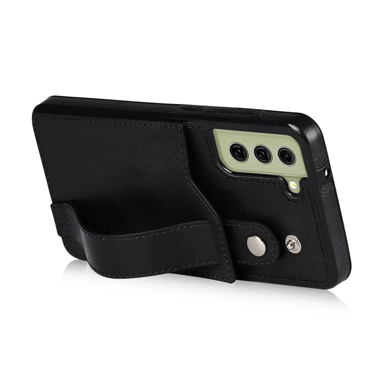 Hand Strap Kickstand RFID Blocking Function Anti-drop PU Leather Coated TPU Phone Case with Card Slot for Samsung Galaxy S21 FE 5G/S21 Fan Edition - Black