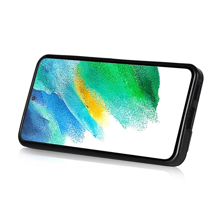 Hand Strap Kickstand RFID Blocking Function Anti-drop PU Leather Coated TPU Phone Case with Card Slot for Samsung Galaxy S21 FE 5G/S21 Fan Edition - Black