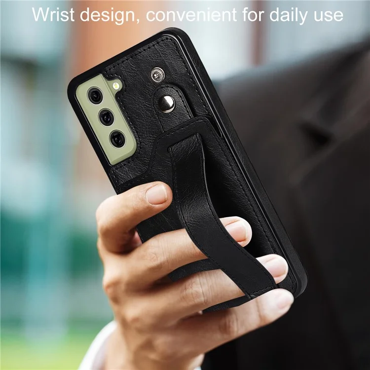 Hand Strap Kickstand RFID Blocking Function Anti-drop PU Leather Coated TPU Phone Case with Card Slot for Samsung Galaxy S21 FE 5G/S21 Fan Edition - Black
