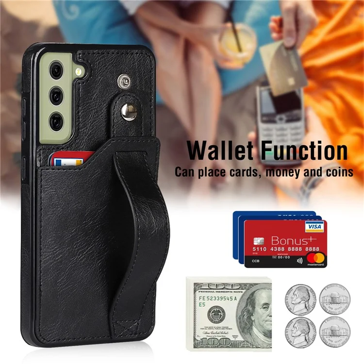 Hand Strap Kickstand RFID Blocking Function Anti-drop PU Leather Coated TPU Phone Case with Card Slot for Samsung Galaxy S21 FE 5G/S21 Fan Edition - Black