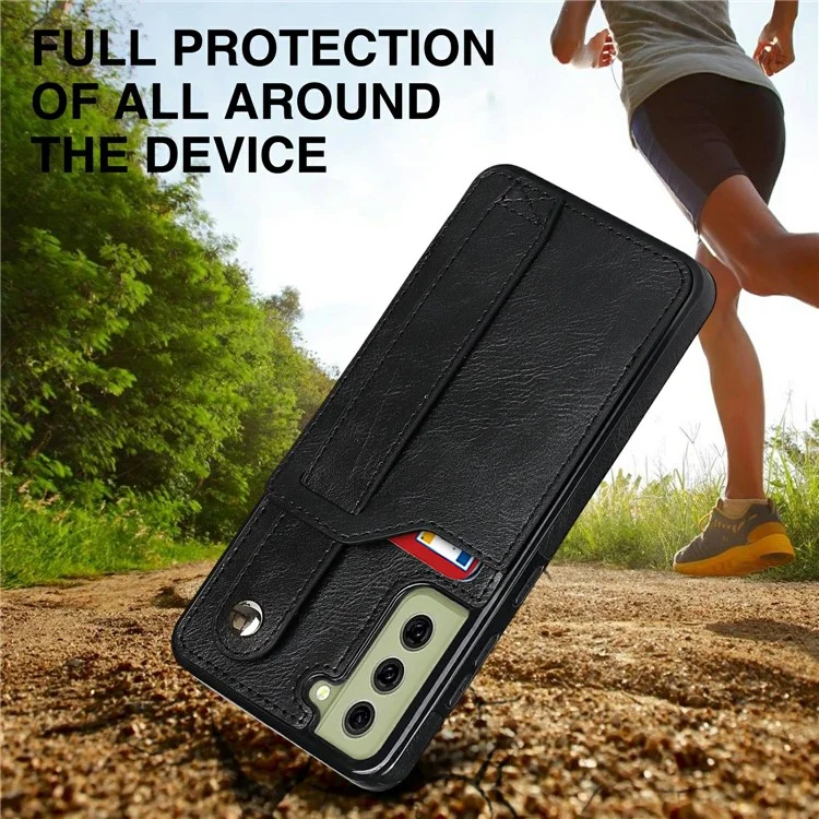 Hand Strap Kickstand RFID Blocking Function Anti-drop PU Leather Coated TPU Phone Case with Card Slot for Samsung Galaxy S21 FE 5G/S21 Fan Edition - Black