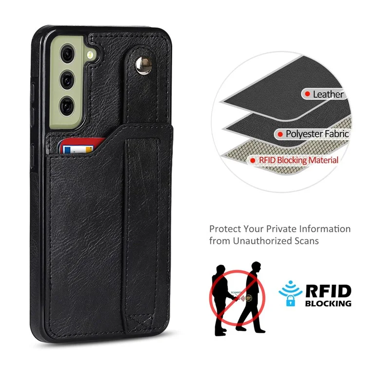 Hand Strap Kickstand RFID Blocking Function Anti-drop PU Leather Coated TPU Phone Case with Card Slot for Samsung Galaxy S21 FE 5G/S21 Fan Edition - Black