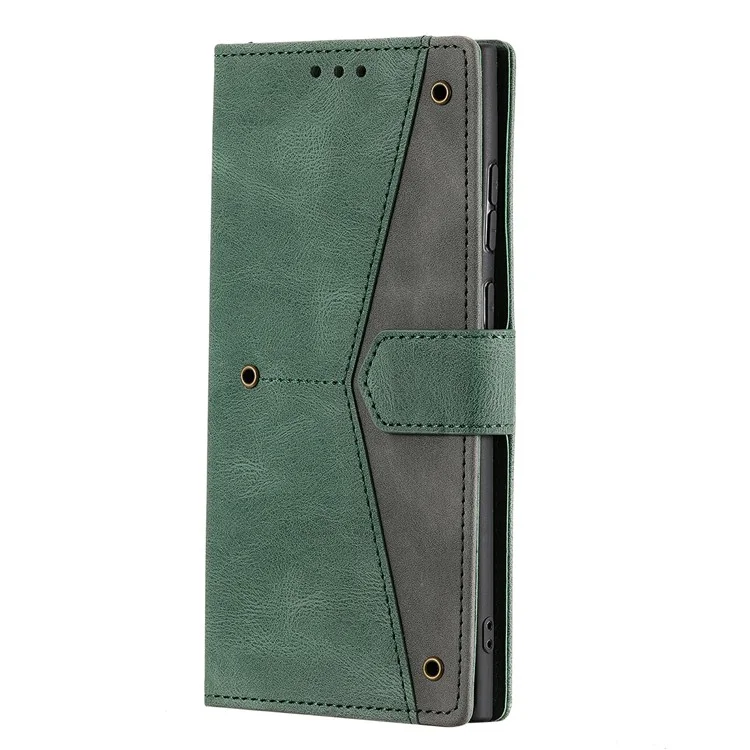 Pour Samsung Galaxy S22 Ultra 5G Bracelet Strap Cover Skin-touch Splicing PU Leather and TPU Protective Phone Case with Stand and Wallet - Vert