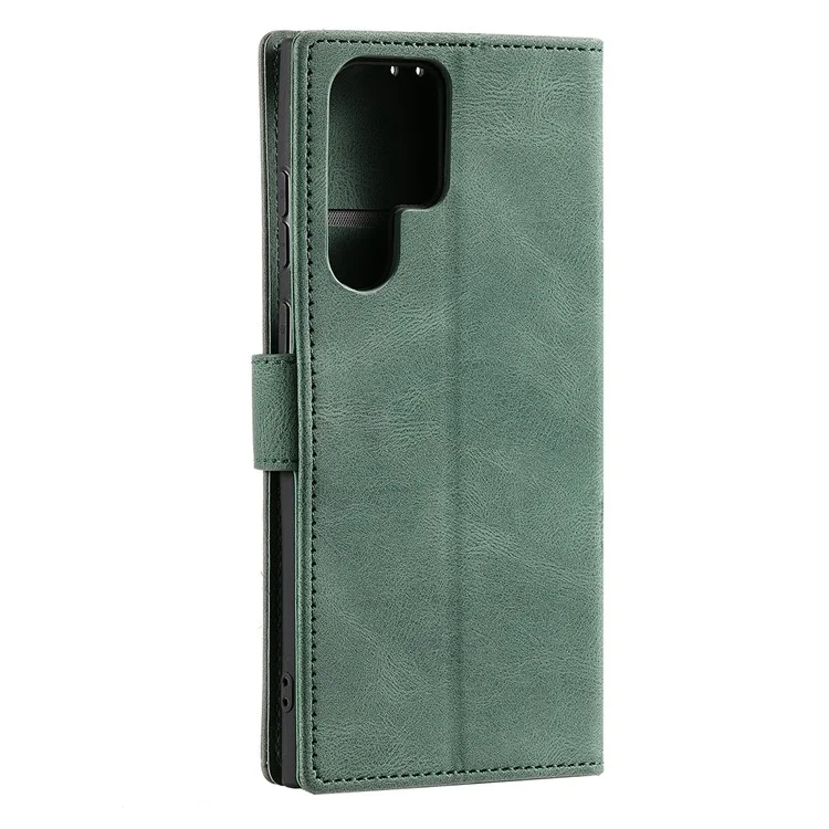 Pour Samsung Galaxy S22 Ultra 5G Bracelet Strap Cover Skin-touch Splicing PU Leather and TPU Protective Phone Case with Stand and Wallet - Vert