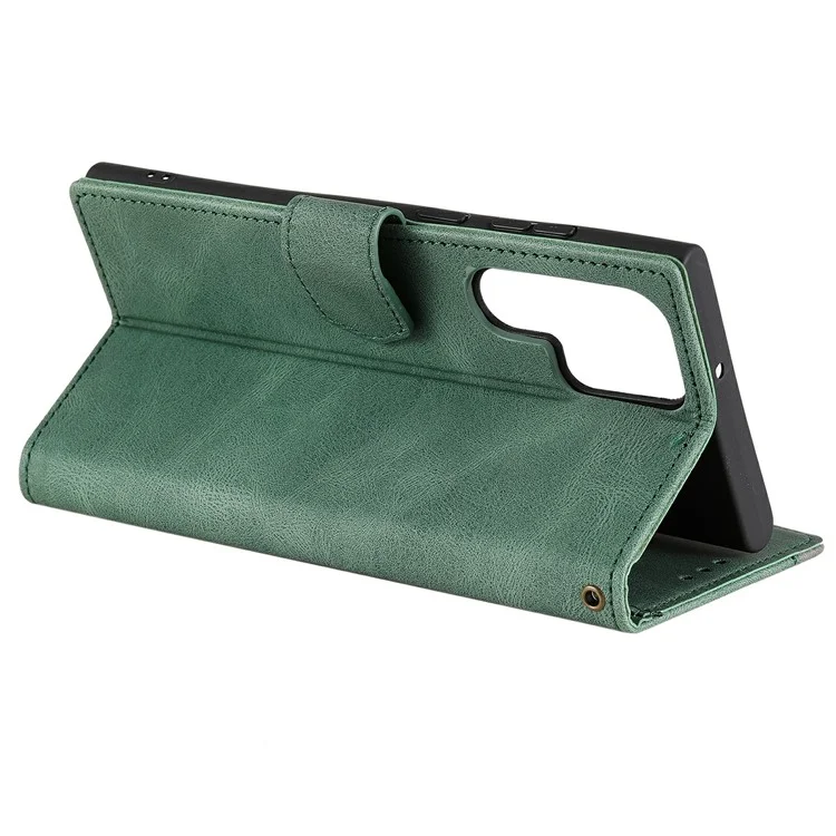 Pour Samsung Galaxy S22 Ultra 5G Bracelet Strap Cover Skin-touch Splicing PU Leather and TPU Protective Phone Case with Stand and Wallet - Vert