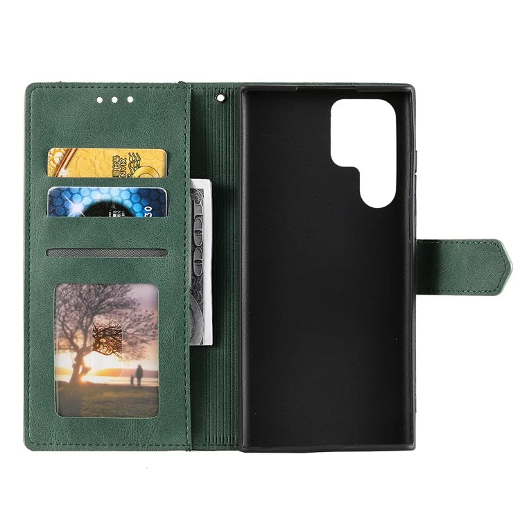 Pour Samsung Galaxy S22 Ultra 5G Bracelet Strap Cover Skin-touch Splicing PU Leather and TPU Protective Phone Case with Stand and Wallet - Vert