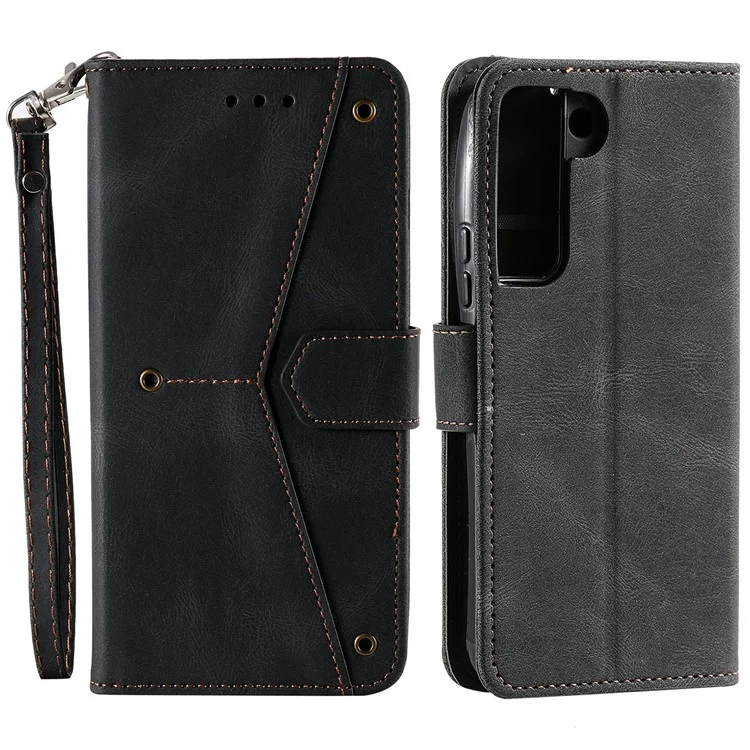 Tampa de Proteção de Proteção Completa Splicing Splicing Couather e TPU Flip Case Com Suporte e Carteira Para Samsung Galaxy S22 5G - Preto