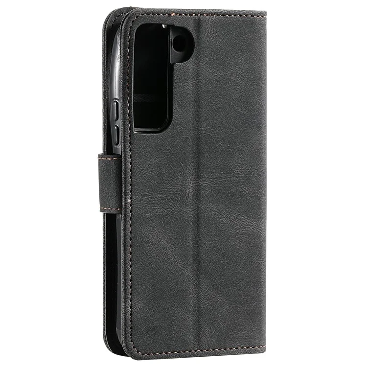 Tampa de Proteção de Proteção Completa Splicing Splicing Couather e TPU Flip Case Com Suporte e Carteira Para Samsung Galaxy S22 5G - Preto