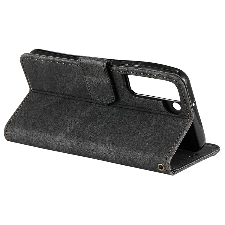 Tampa de Proteção de Proteção Completa Splicing Splicing Couather e TPU Flip Case Com Suporte e Carteira Para Samsung Galaxy S22 5G - Preto
