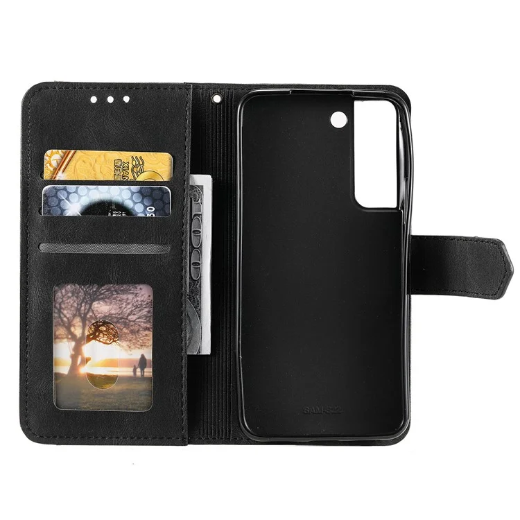 Tampa de Proteção de Proteção Completa Splicing Splicing Couather e TPU Flip Case Com Suporte e Carteira Para Samsung Galaxy S22 5G - Preto