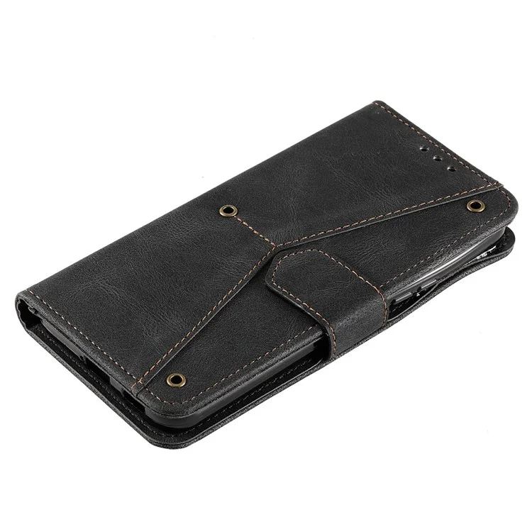Tampa de Proteção de Proteção Completa Splicing Splicing Couather e TPU Flip Case Com Suporte e Carteira Para Samsung Galaxy S22 5G - Preto