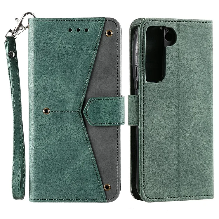 All-round Protection Cover Skin-touch Splicing PU Leather and TPU Drop-proof Phone Case with Stand and Wallet for Samsung Galaxy S22+ 5G - Green