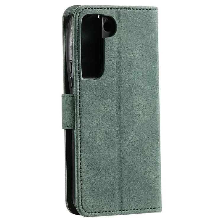 All-round Protection Cover Skin-touch Splicing PU Leather and TPU Drop-proof Phone Case with Stand and Wallet for Samsung Galaxy S22+ 5G - Green