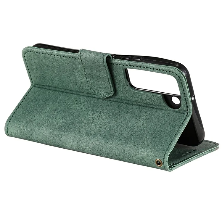 All-round Protection Cover Skin-touch Splicing PU Leather and TPU Drop-proof Phone Case with Stand and Wallet for Samsung Galaxy S22+ 5G - Green