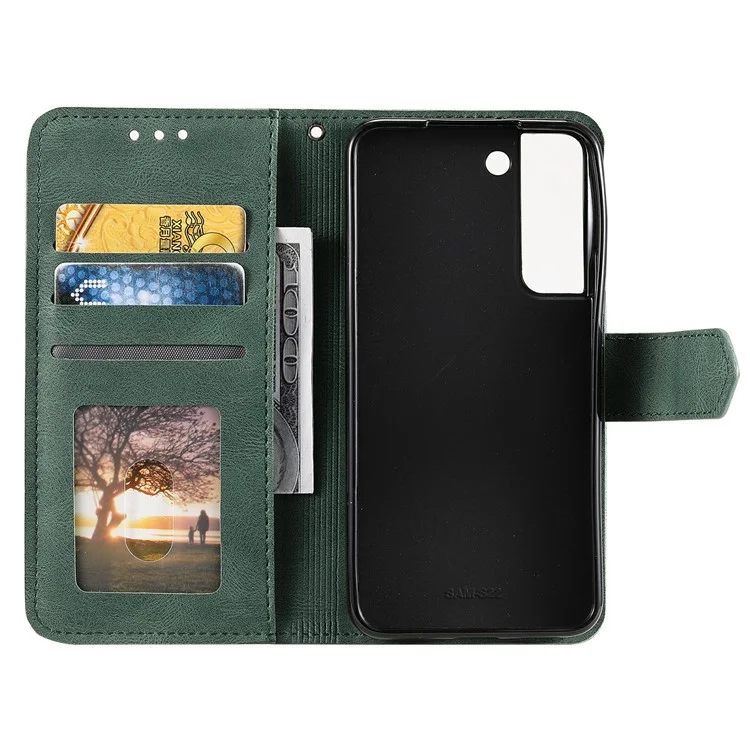 All-round Protection Cover Skin-touch Splicing PU Leather and TPU Drop-proof Phone Case with Stand and Wallet for Samsung Galaxy S22+ 5G - Green