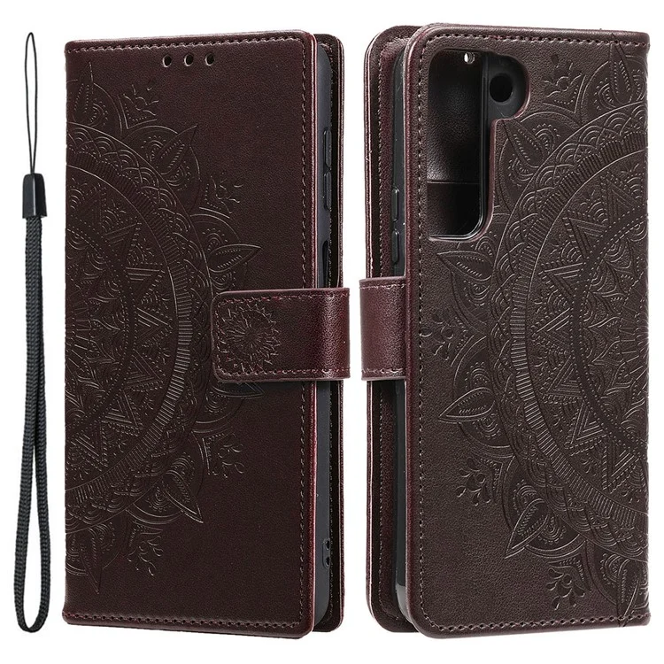 For Samsung Galaxy S22 5G Imprinting Mandala Flower Pattern Folio Flip Phone Cover PU Leather Wallet Stand Case - Brown