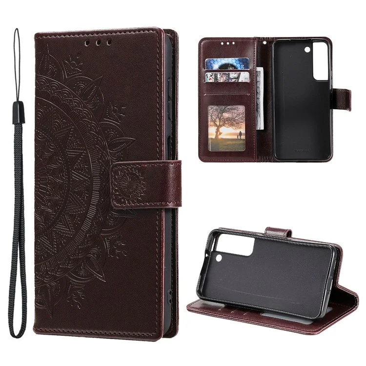 Para Samsung Galaxy S22 5G Imprinting Mandala Flower Pattern Folio Flip Phone Cover PU Leather Wallet Stand Case - Marrom