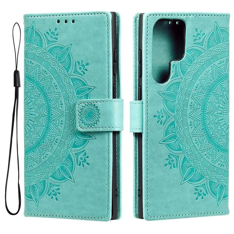 Магнитная застежка Imprinting Mandala Flower Leather Shell Phone Wallet Stand Case с ремешком для Samsung Galaxy S22 Ultra 5G - зеленый