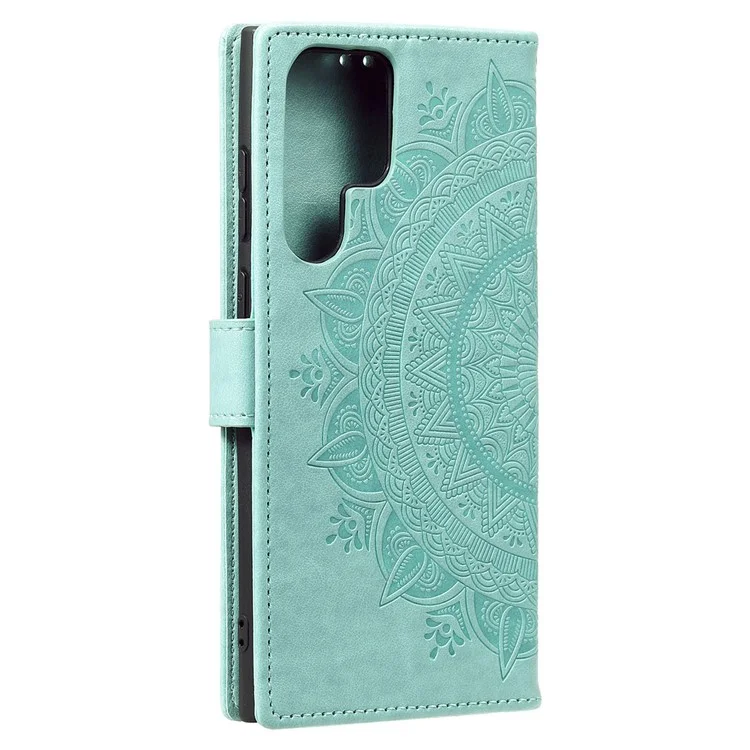 Магнитная застежка Imprinting Mandala Flower Leather Shell Phone Wallet Stand Case с ремешком для Samsung Galaxy S22 Ultra 5G - зеленый