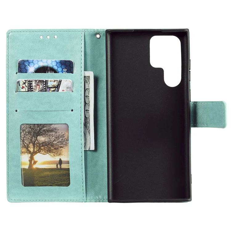 Магнитная застежка Imprinting Mandala Flower Leather Shell Phone Wallet Stand Case с ремешком для Samsung Galaxy S22 Ultra 5G - зеленый