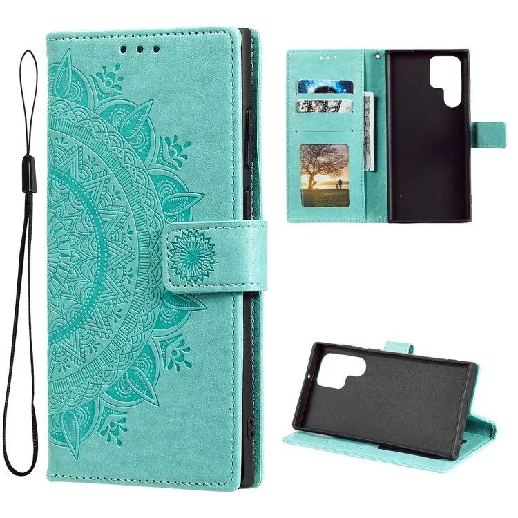 Магнитная застежка Imprinting Mandala Flower Leather Shell Phone Wallet Stand Case с ремешком для Samsung Galaxy S22 Ultra 5G - зеленый
