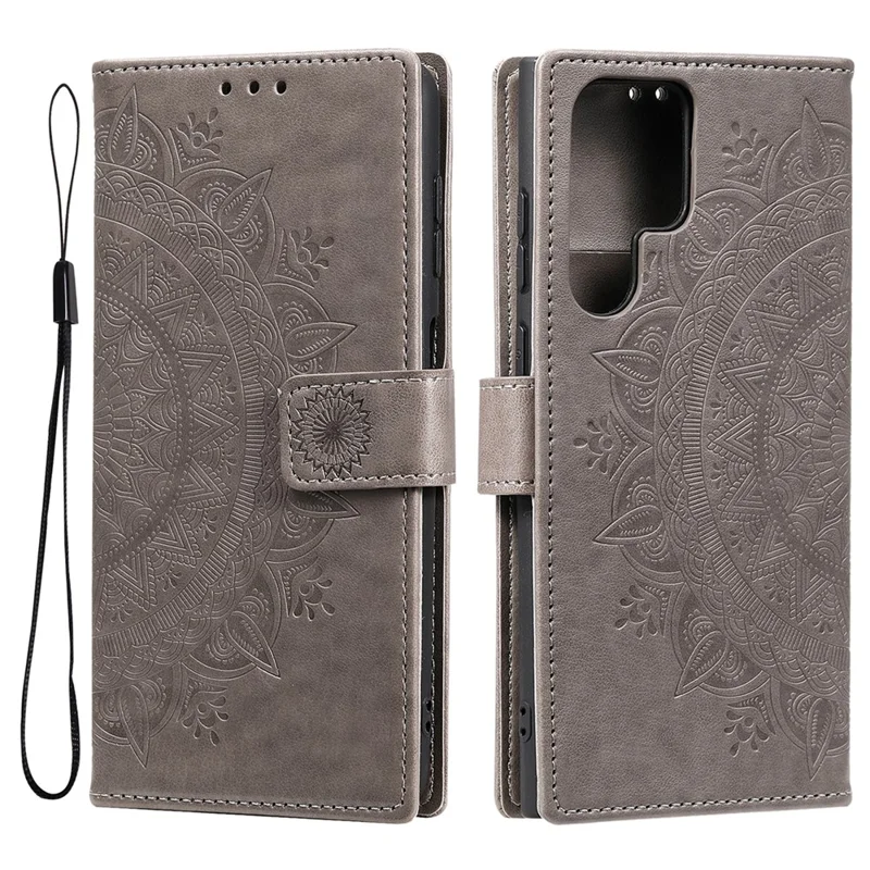 Magnetic Clasp Imprinting Mandala Flower Leather Shell Phone Wallet Stand Case with Strap for Samsung Galaxy S22 Ultra 5G - Grey