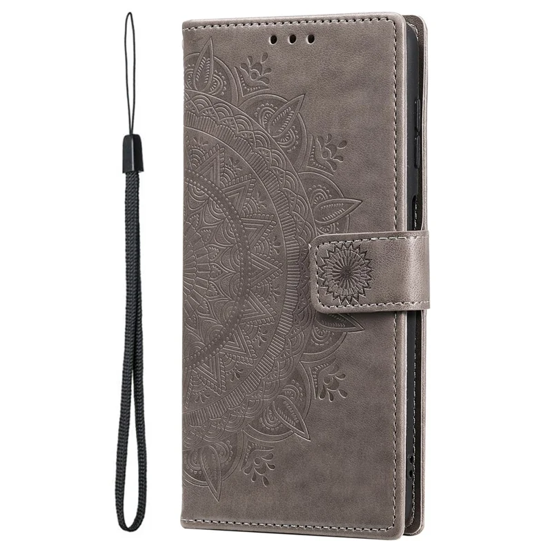 Magnetic Clasp Imprinting Mandala Flower Leather Shell Phone Wallet Stand Case with Strap for Samsung Galaxy S22 Ultra 5G - Grey