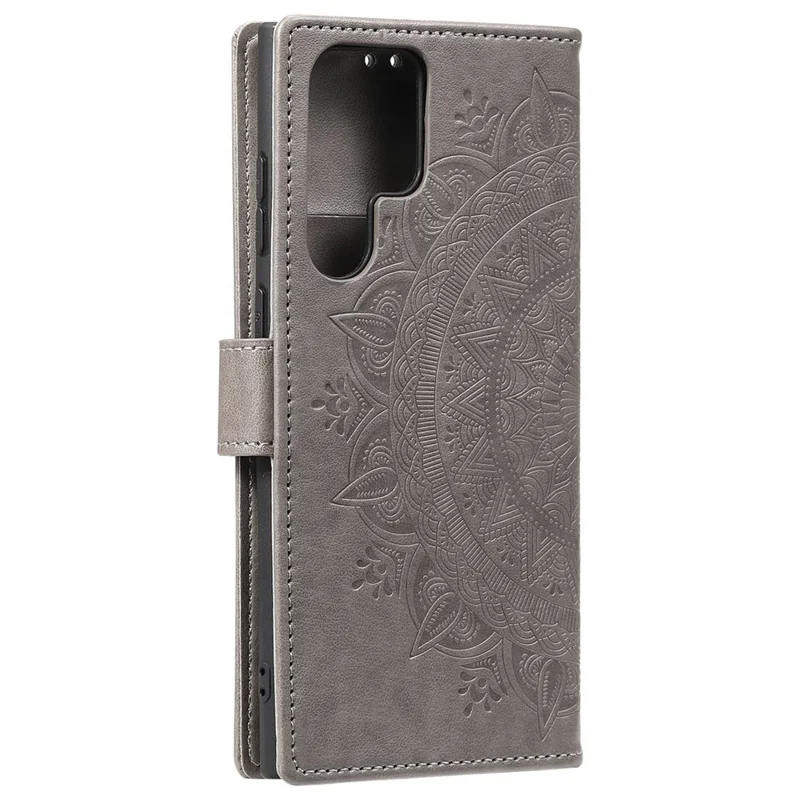 Magnetic Clasp Imprinting Mandala Flower Leather Shell Phone Wallet Stand Case with Strap for Samsung Galaxy S22 Ultra 5G - Grey