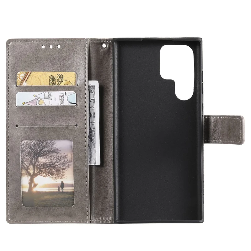 Magnetic Clasp Imprinting Mandala Flower Leather Shell Phone Wallet Stand Case with Strap for Samsung Galaxy S22 Ultra 5G - Grey