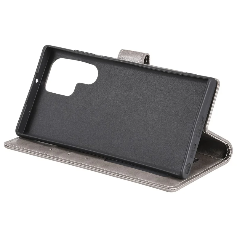 Magnetic Clasp Imprinting Mandala Flower Leather Shell Phone Wallet Stand Case with Strap for Samsung Galaxy S22 Ultra 5G - Grey