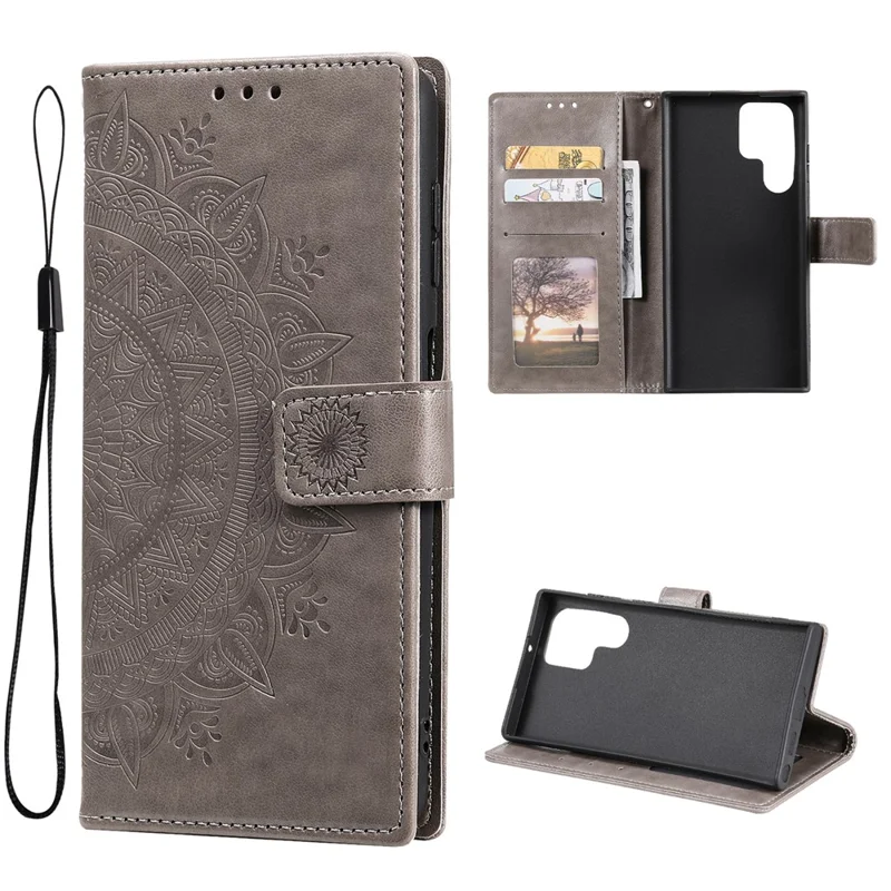 Magnetic Clasp Imprinting Mandala Flower Leather Shell Phone Wallet Stand Case with Strap for Samsung Galaxy S22 Ultra 5G - Grey