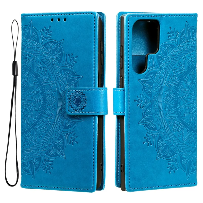 Magnetic Clasp Imprinting Mandala Flower Leather Shell Phone Wallet Stand Case with Strap for Samsung Galaxy S22 Ultra 5G - Blue