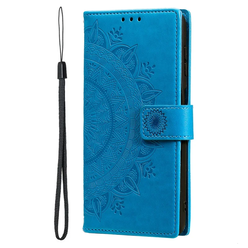 Magnetic Clasp Imprinting Mandala Flower Leather Shell Phone Wallet Stand Case with Strap for Samsung Galaxy S22 Ultra 5G - Blue