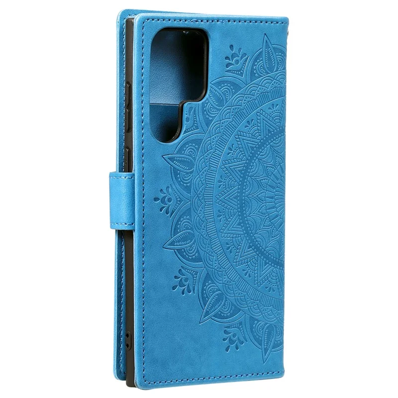 Magnetic Clasp Imprinting Mandala Flower Leather Shell Phone Wallet Stand Case with Strap for Samsung Galaxy S22 Ultra 5G - Blue