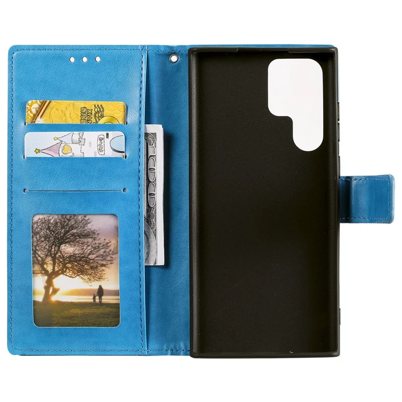 Magnetic Clasp Imprinting Mandala Flower Leather Shell Phone Wallet Stand Case with Strap for Samsung Galaxy S22 Ultra 5G - Blue