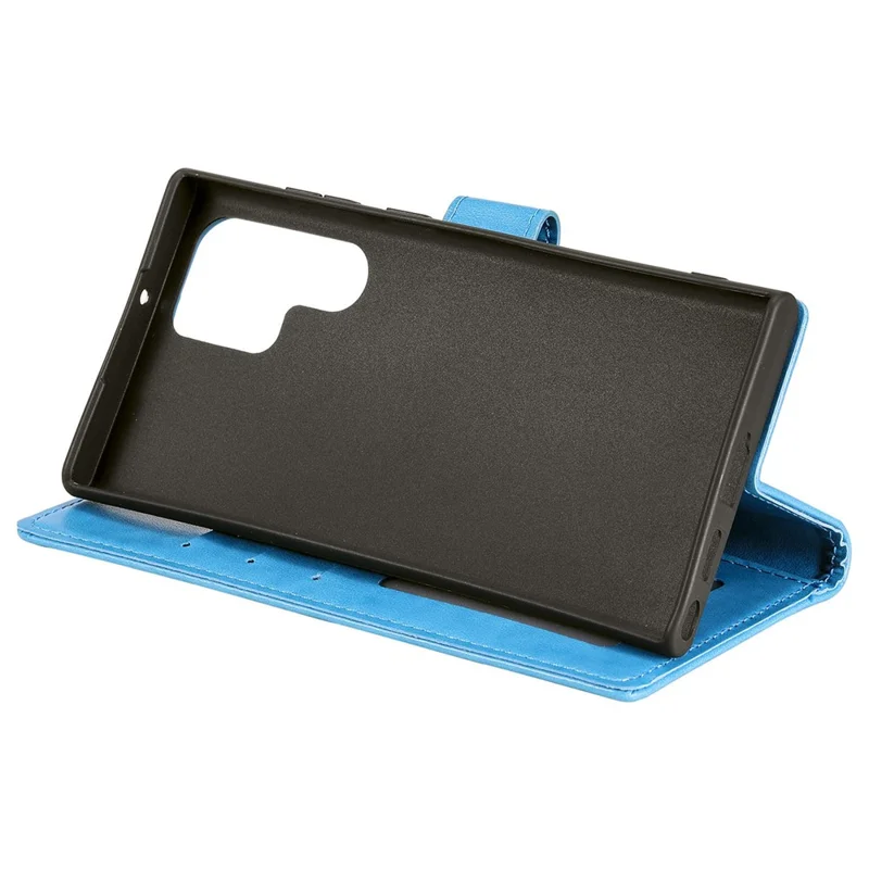 Magnetic Clasp Imprinting Mandala Flower Leather Shell Phone Wallet Stand Case with Strap for Samsung Galaxy S22 Ultra 5G - Blue