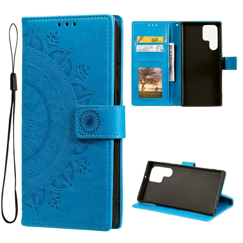 Magnetic Clasp Imprinting Mandala Flower Leather Shell Phone Wallet Stand Case with Strap for Samsung Galaxy S22 Ultra 5G - Blue