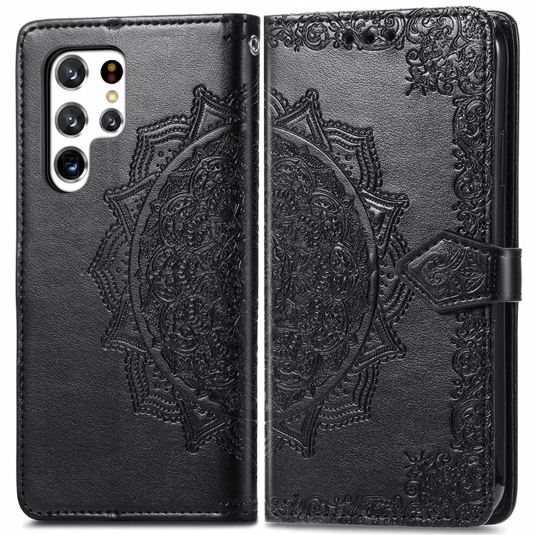 Stand Function Embossed Mandala Pattern Leather Flip Case Wallet Cover with Strap for Samsung Galaxy S22 Ultra 5G - Black