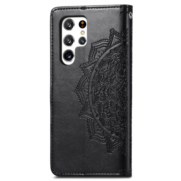 Stand Function Embossed Mandala Pattern Leather Flip Case Wallet Cover with Strap for Samsung Galaxy S22 Ultra 5G - Black