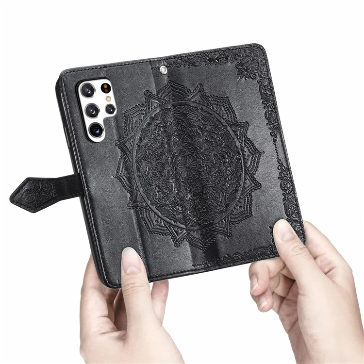 Stand Function Embossed Mandala Pattern Leather Flip Case Wallet Cover with Strap for Samsung Galaxy S22 Ultra 5G - Black