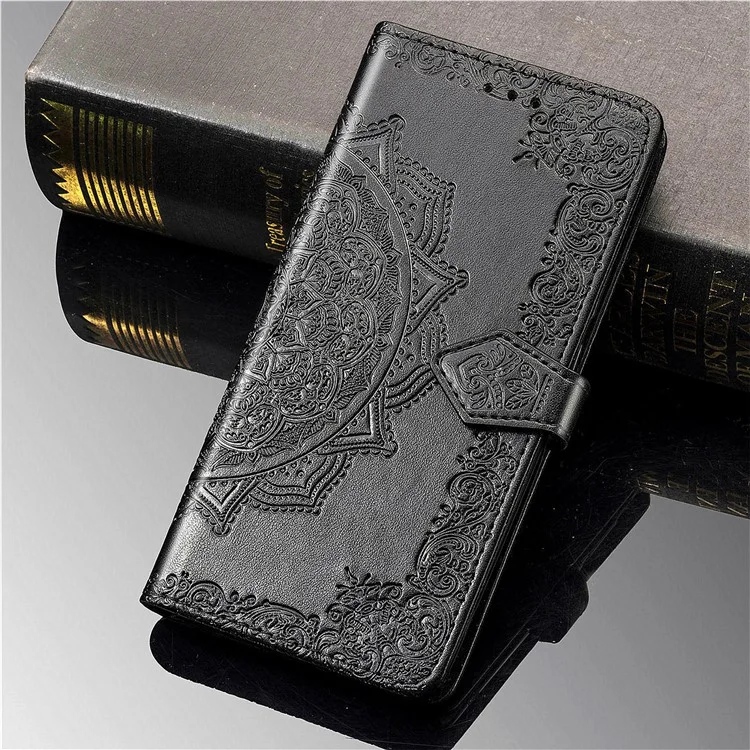 Stand Function Embossed Mandala Pattern Leather Flip Case Wallet Cover with Strap for Samsung Galaxy S22 Ultra 5G - Black