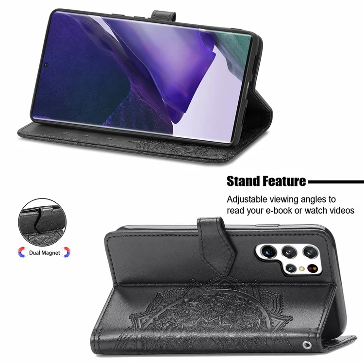 Stand Function Embossed Mandala Pattern Leather Flip Case Wallet Cover with Strap for Samsung Galaxy S22 Ultra 5G - Black