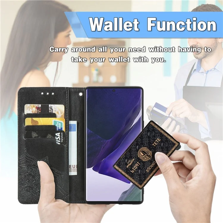 Stand Function Embossed Mandala Pattern Leather Flip Case Wallet Cover with Strap for Samsung Galaxy S22 Ultra 5G - Black