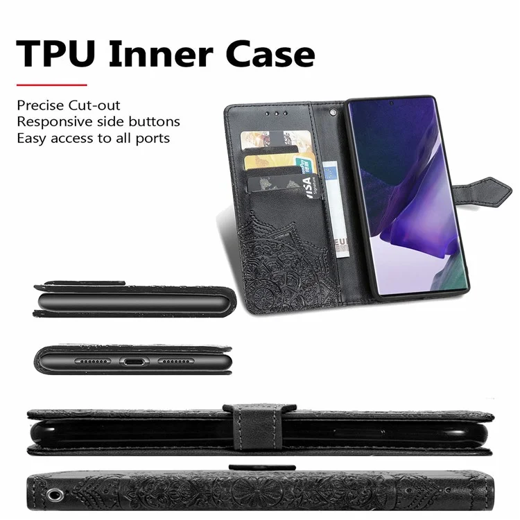 Stand Function Embossed Mandala Pattern Leather Flip Case Wallet Cover with Strap for Samsung Galaxy S22 Ultra 5G - Black