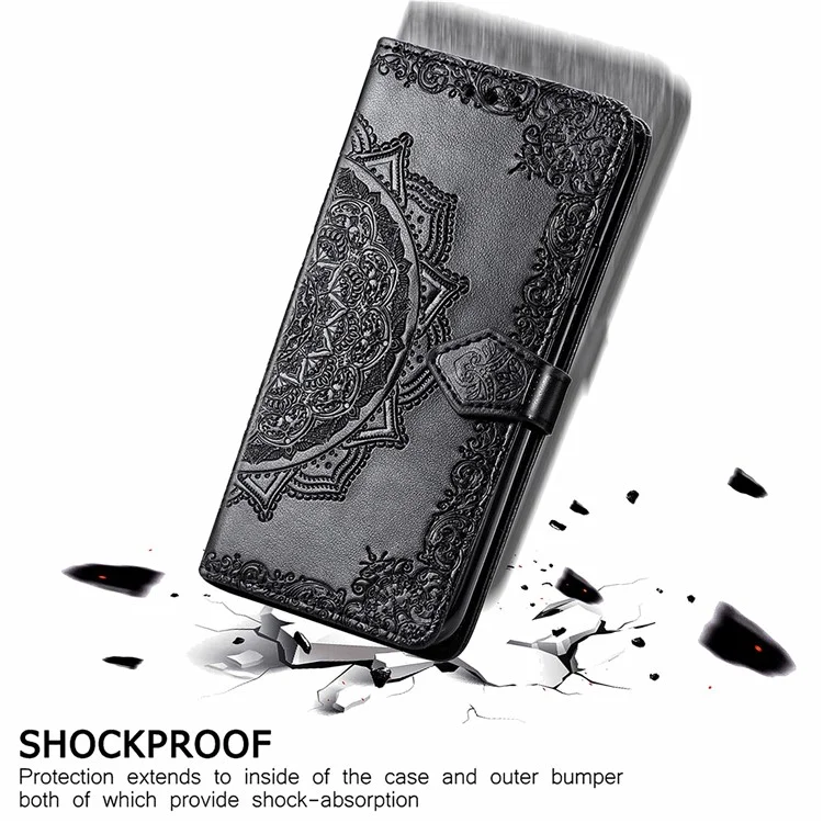 Stand Function Embossed Mandala Pattern Leather Flip Case Wallet Cover with Strap for Samsung Galaxy S22 Ultra 5G - Black