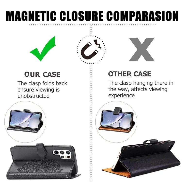 Stand Function Embossed Mandala Pattern Leather Flip Case Wallet Cover with Strap for Samsung Galaxy S22 Ultra 5G - Black