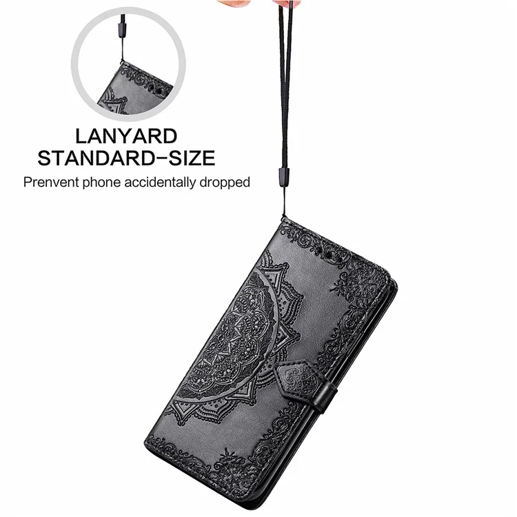 Stand Function Embossed Mandala Pattern Leather Flip Case Wallet Cover with Strap for Samsung Galaxy S22 Ultra 5G - Black